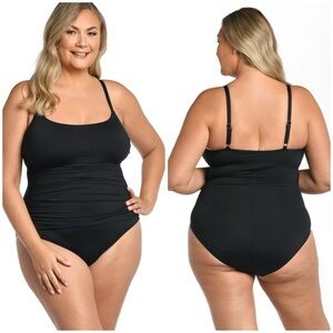 La Blanca Island Goddess Lingerie One Piece Black Shirred flattering plus SZ 20W